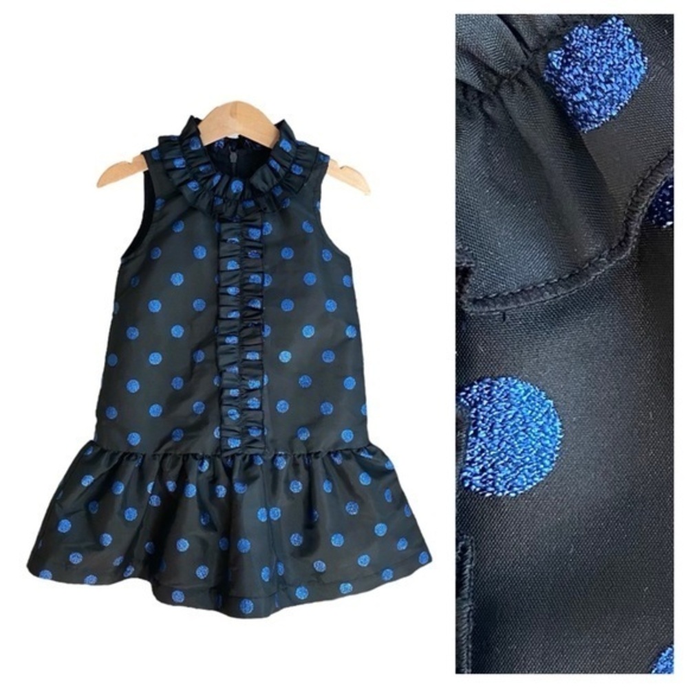 Little Marc Jacobs Black Metallic Blue Embroidered Dot Ruffle Dress 4t